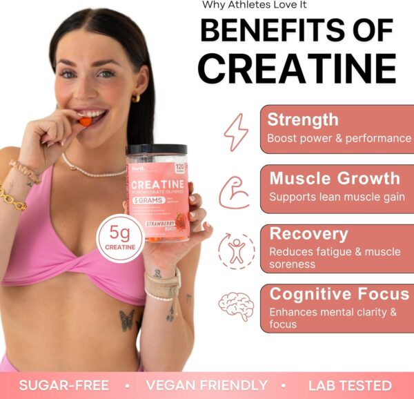 Creatine Monohydrate Gummies for Men & Women, 5G Creatine per Serving | Enhanced Muscle Growth, Strength, Focus and Recovery, Low Calorie, Sugar Free, No Artificial Colours - Strawberry Burst Flavour 120 Gummies - Image 4