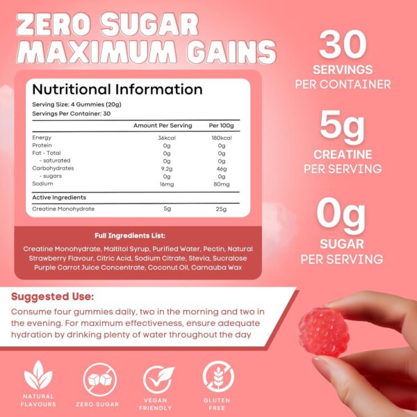 Creatine Monohydrate Gummies for Men & Women, 5G Creatine per Serving | Enhanced Muscle Growth, Strength, Focus and Recovery, Low Calorie, Sugar Free, No Artificial Colours - Strawberry Burst Flavour 120 Gummies - Image 3